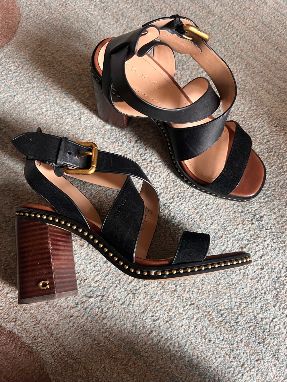 Coach Black Studded Block-Heel Sandals with Gold Buckle